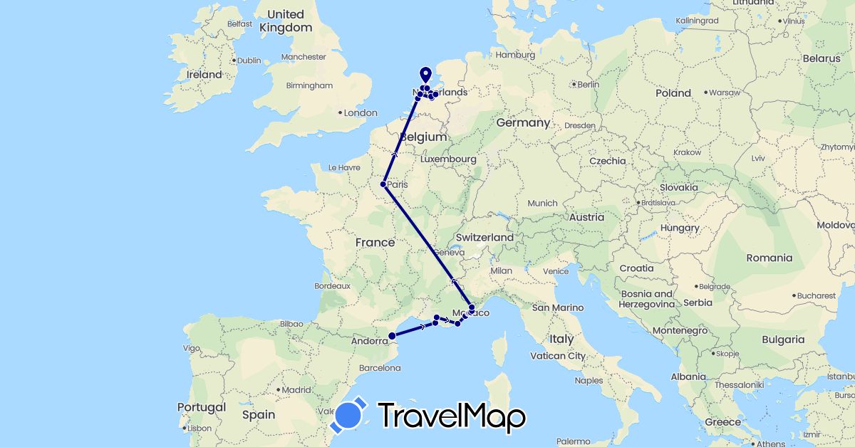 TravelMap itinerary: driving in France, Monaco, Netherlands (Europe)